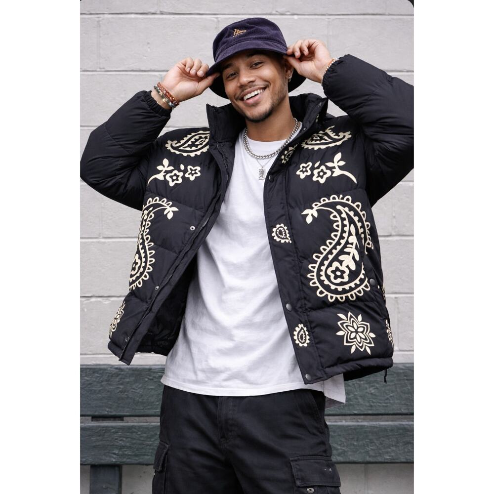 Profound Paisley Print Puffer Coat Black Cream Mens M Streetwear Statement